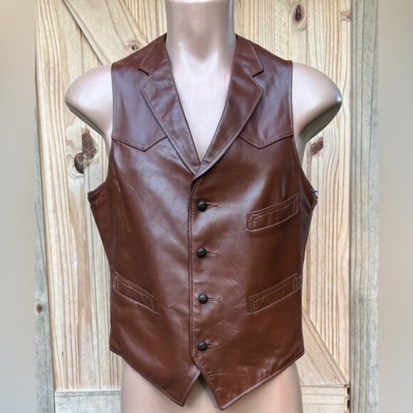 Vintage 70s Reed Sportswear Brown Leather Biker Cowboy Western Disco Vest~40~ - Picture 2 of 7